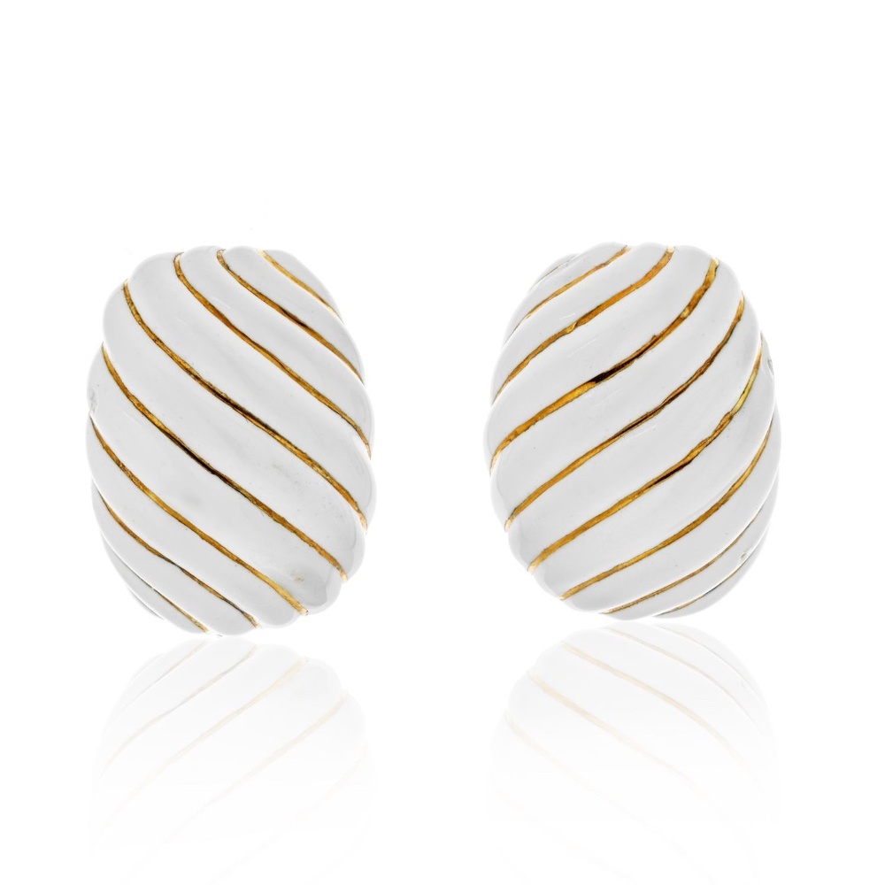David Webb Platinum & 18K Yellow Gold White Enamel Gold Earrings
